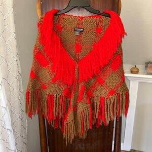 Vintage wool J Peterman company one size Brown red knit poncho